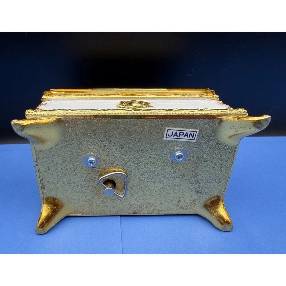 Vintage White & Gold Color Hinged Music Box Dancing Fabric Padded Lid From Japan